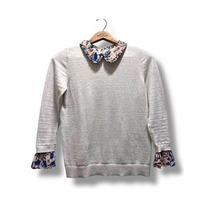 LOFT Pullover Sweater Oatmeal Peach and Blue Floral Ruffle Collar and Cuffs XS